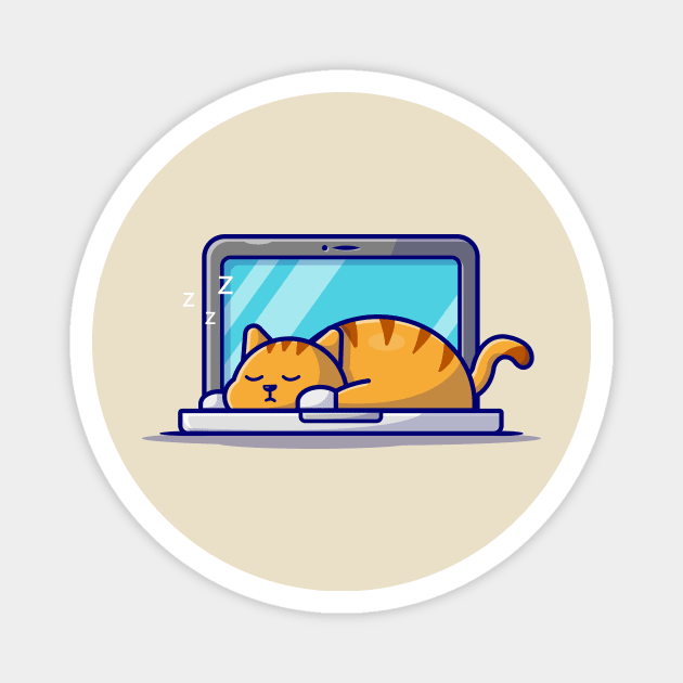 Cute Cat Sleeping On Laptop With Coffee Cup Cartoon Vector Icon Illustration (2) Magnet by Catalyst Labs